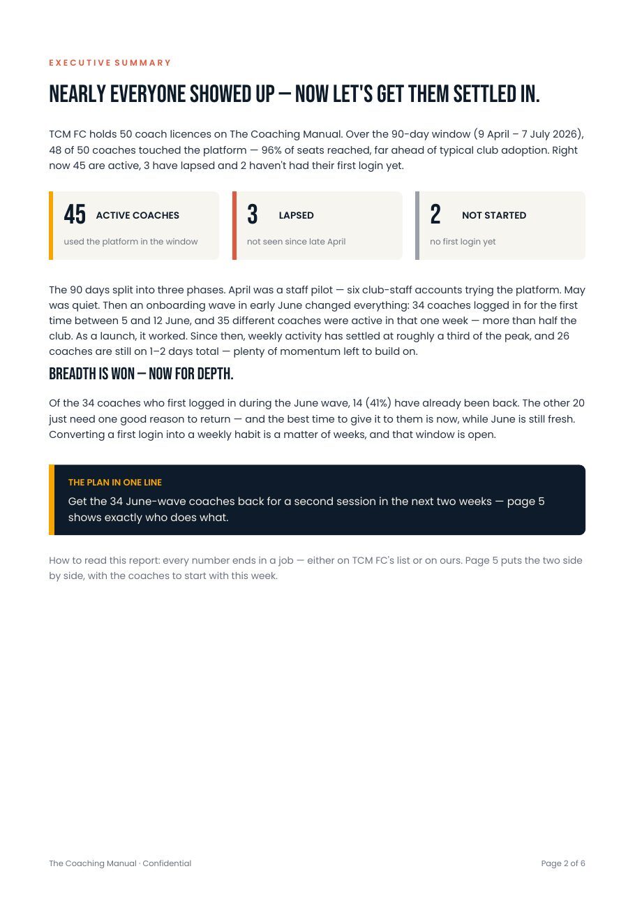 Example club data report, page 2: Executive summary and the plan in one line