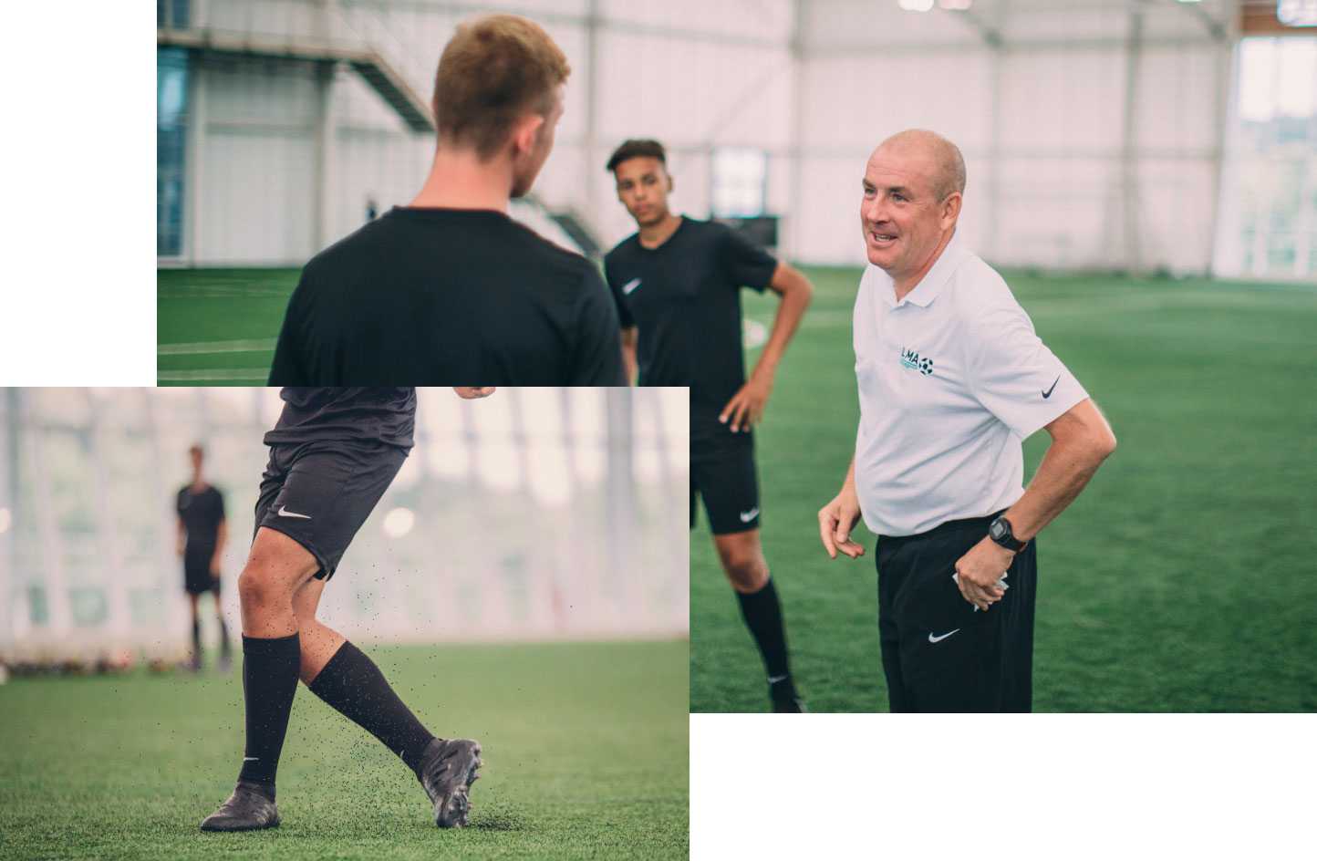 Coach Mark Warburton joking with a player and a player kicking a ball