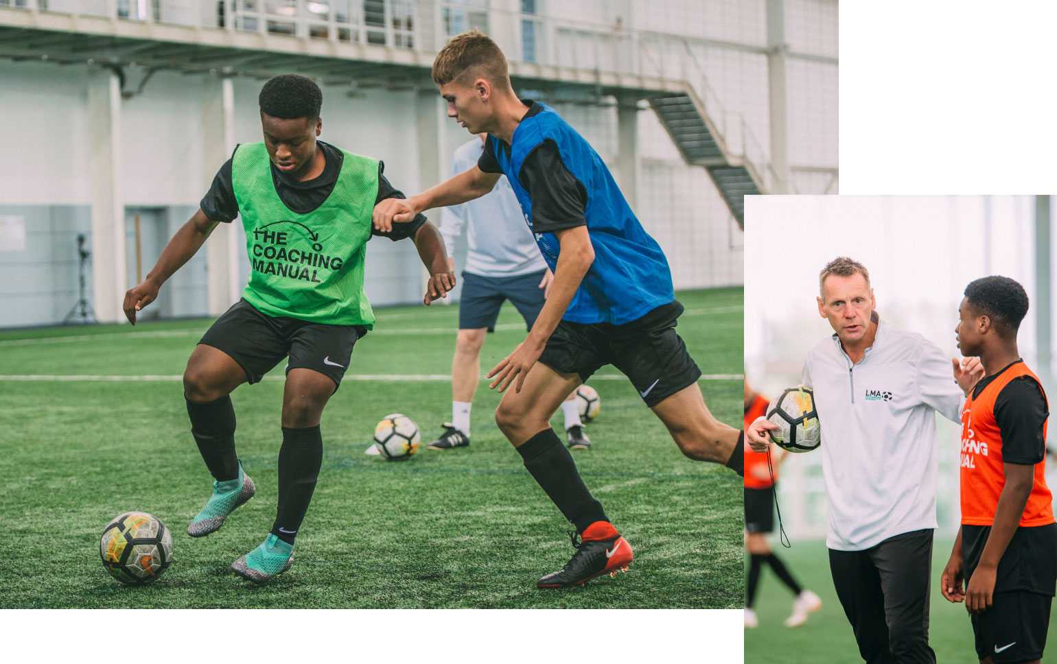 Two players jostling for the ball and Stuart Pearce explaining a coaching point to a player