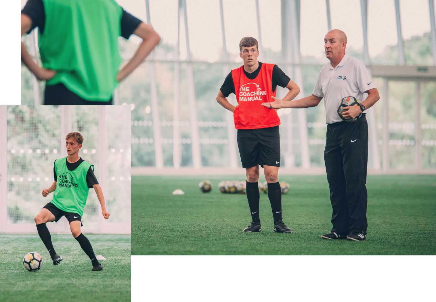 A player executing an outside foot pass and Mark Warburton leading a coaching session