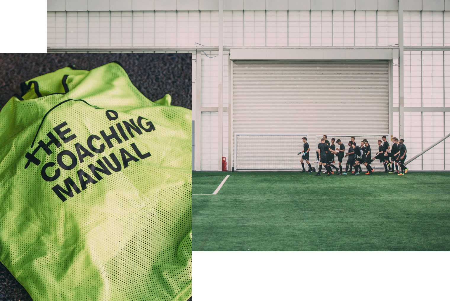 A Coaching Manual bib and a team of players warming up. A Coaching Manual bib and a team of players warming up.